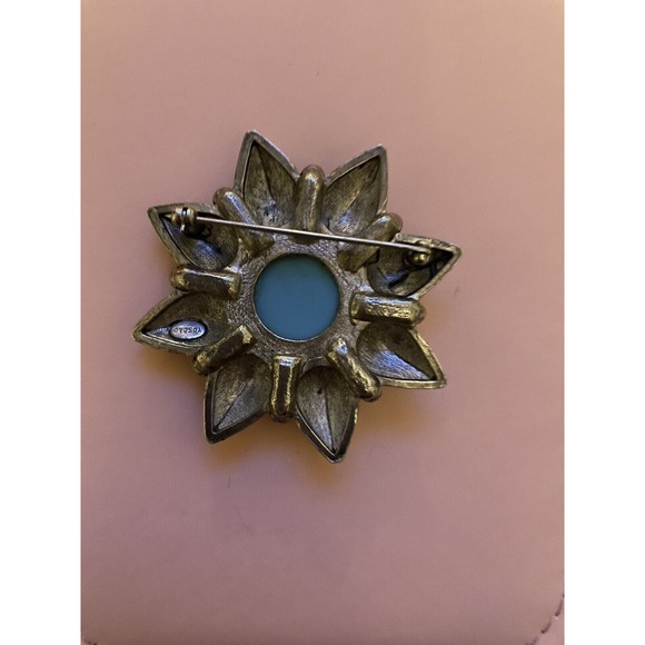 Vintage Gerard YOSCA Flower Pin Silver Tone Faux Turquoise Brooch - Picture 2 of 2
